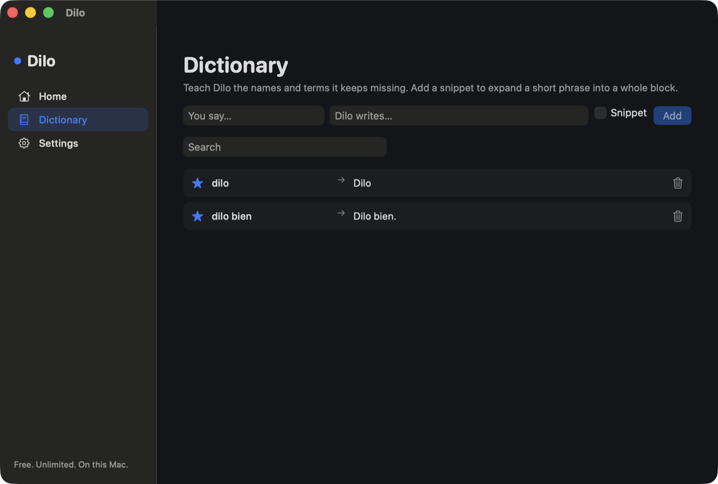 Dilo's Dictionary tab: a You say field, a Dilo writes field, a Snippet checkbox, an Add button, and two saved entries turning dilo into Dilo and dilo bien into Dilo bien.