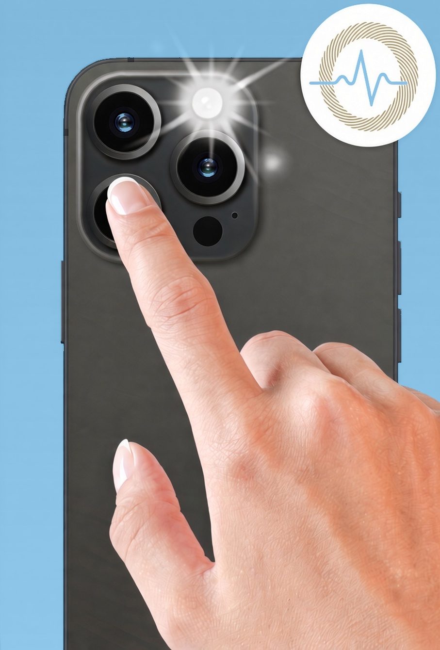A fingertip covering the bottom-left camera lens of an iPhone, next to the lit flash